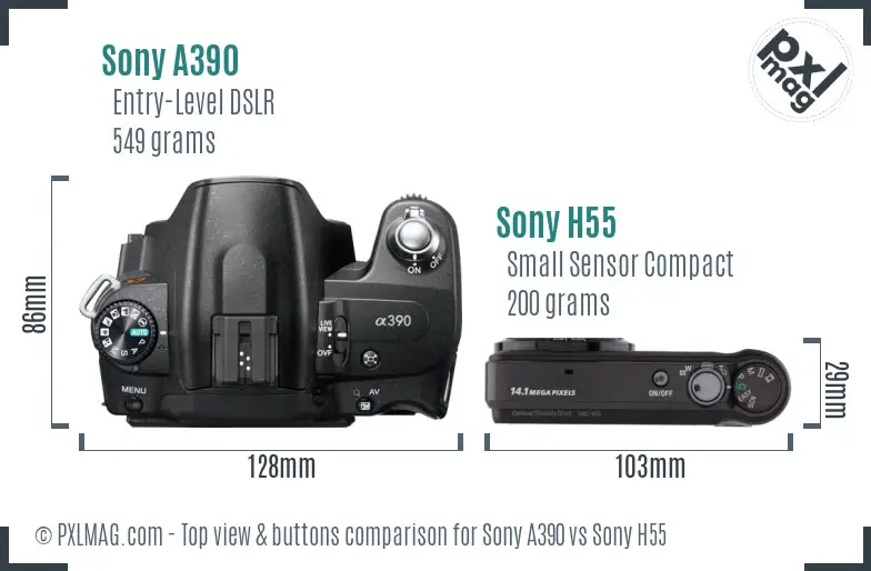 Sony A390 vs Sony H55 top view buttons comparison