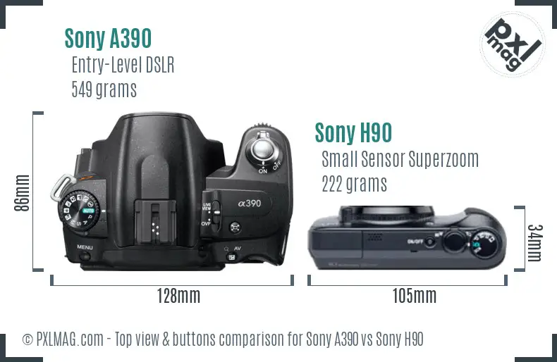 Sony A390 vs Sony H90 top view buttons comparison