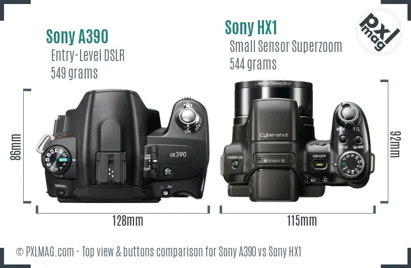 Sony A390 vs Sony HX1 top view buttons comparison