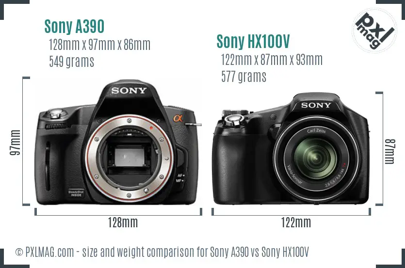 Sony A390 vs Sony HX100V size comparison