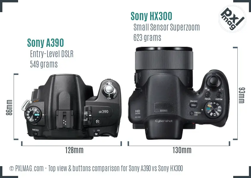 Sony A390 vs Sony HX300 top view buttons comparison