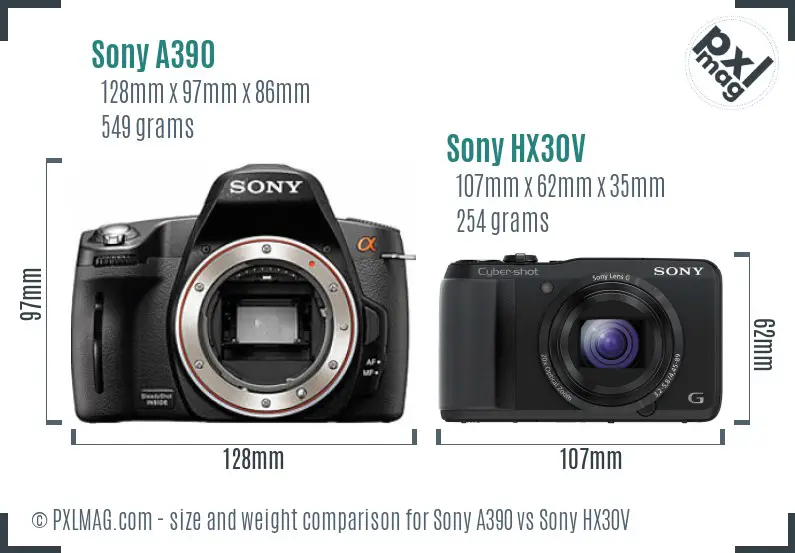 Sony A390 vs Sony HX30V size comparison