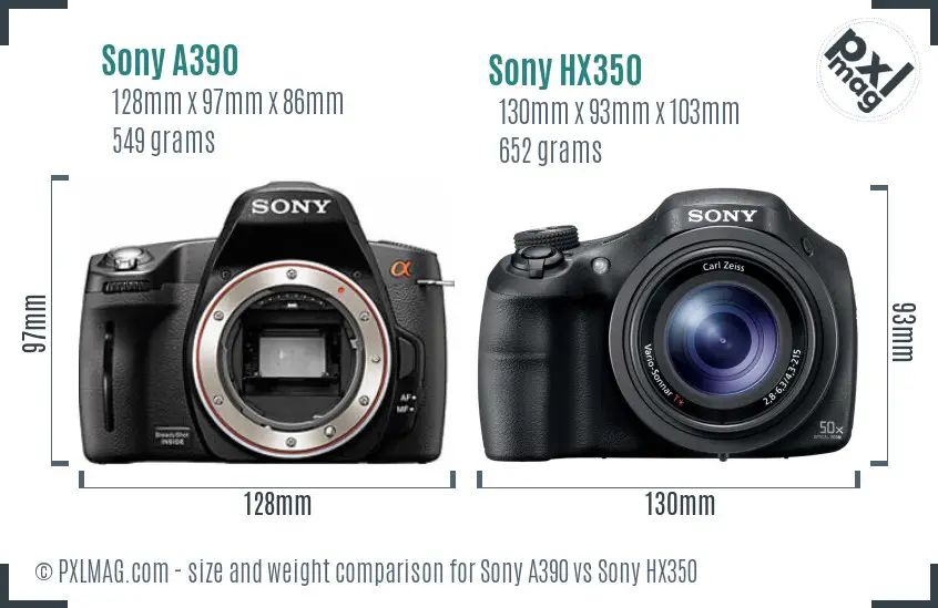 Sony A390 vs Sony HX350 size comparison
