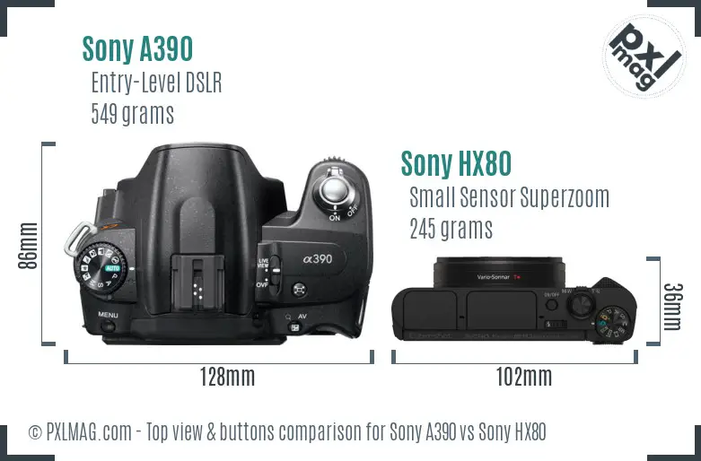 Sony A390 vs Sony HX80 top view buttons comparison
