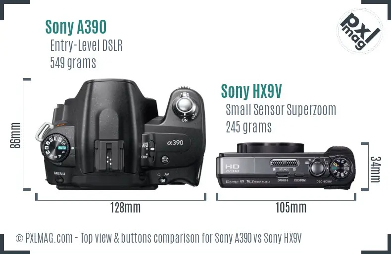 Sony A390 vs Sony HX9V top view buttons comparison