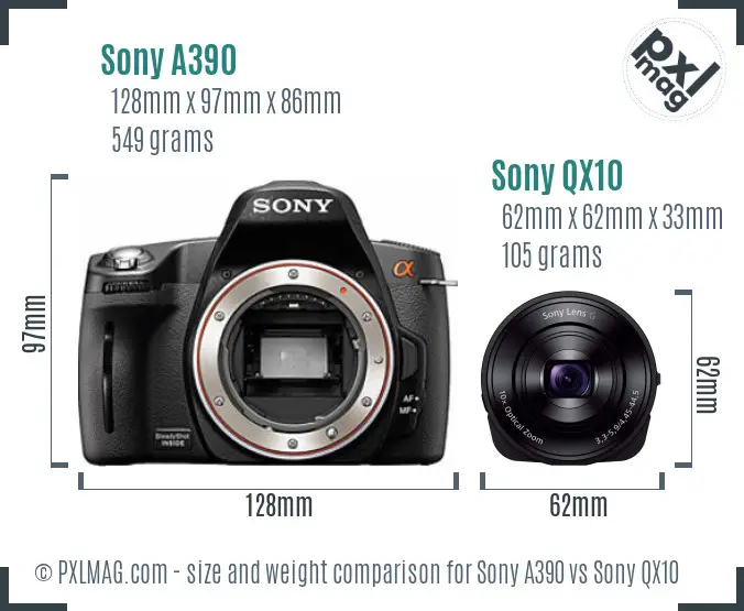 Sony A390 vs Sony QX10 size comparison