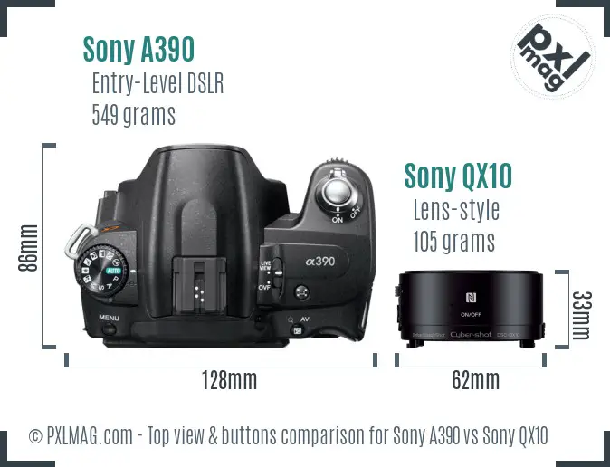 Sony A390 vs Sony QX10 top view buttons comparison