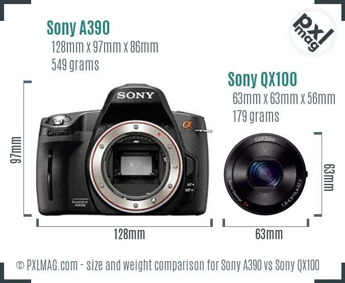 Sony A390 vs Sony QX100 size comparison