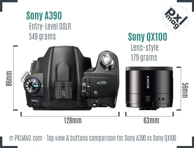 Sony A390 vs Sony QX100 top view buttons comparison