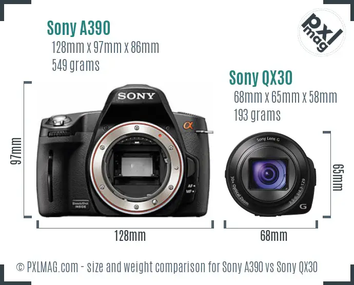 Sony A390 vs Sony QX30 size comparison
