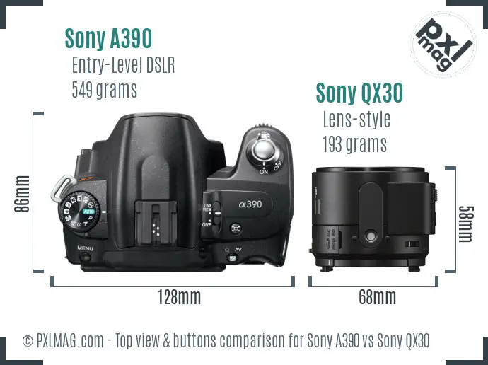 Sony A390 vs Sony QX30 top view buttons comparison