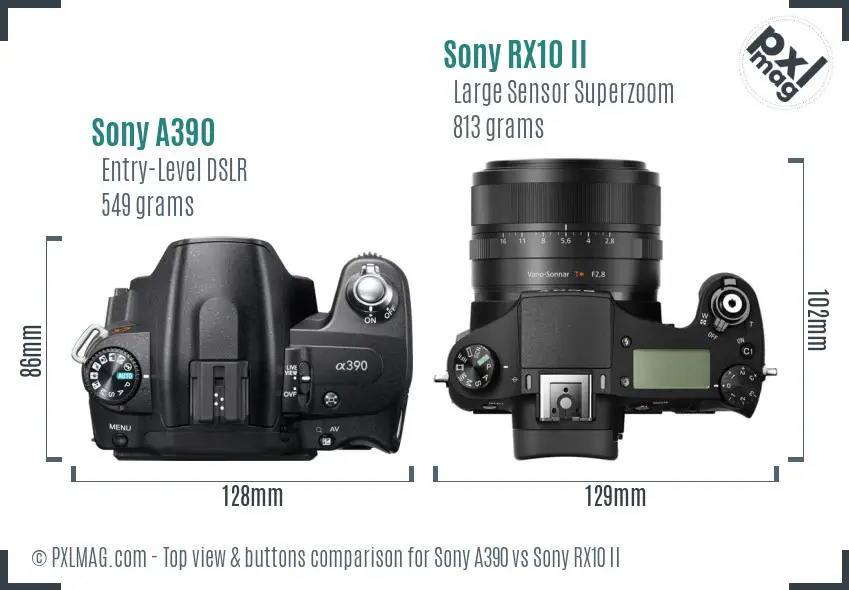 Sony A390 vs Sony RX10 II top view buttons comparison