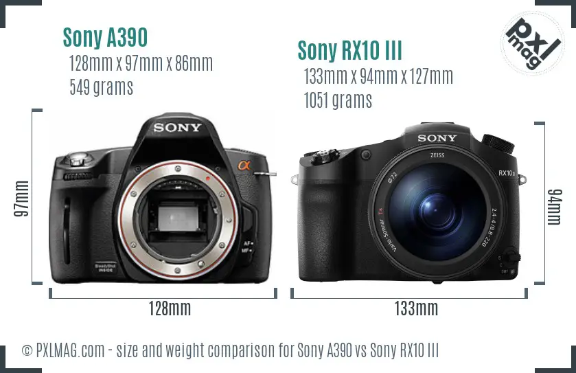 Sony A390 vs Sony RX10 III size comparison