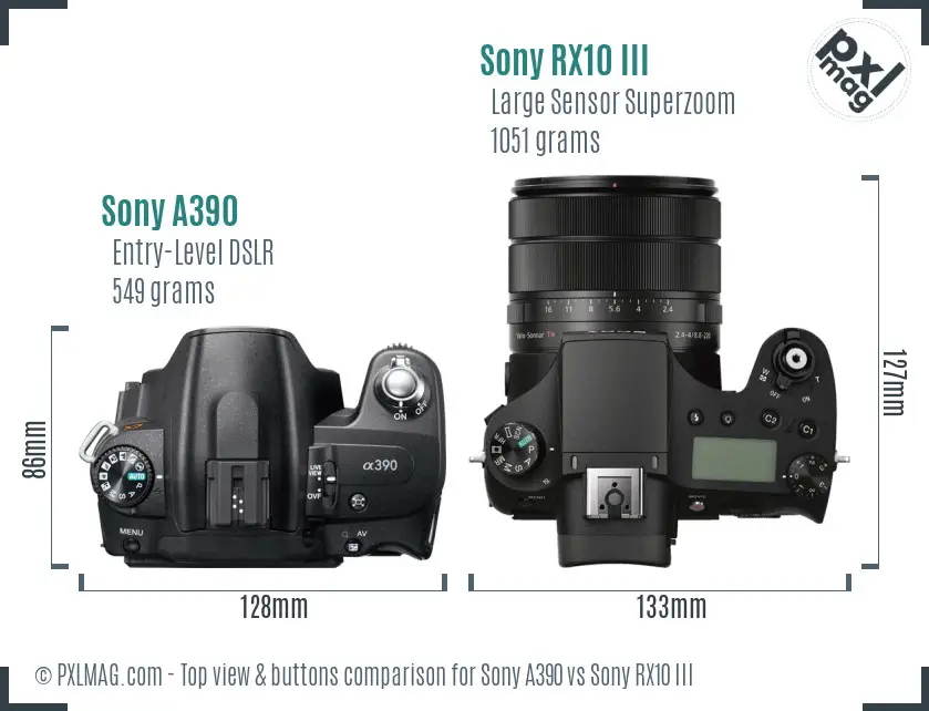Sony A390 vs Sony RX10 III top view buttons comparison