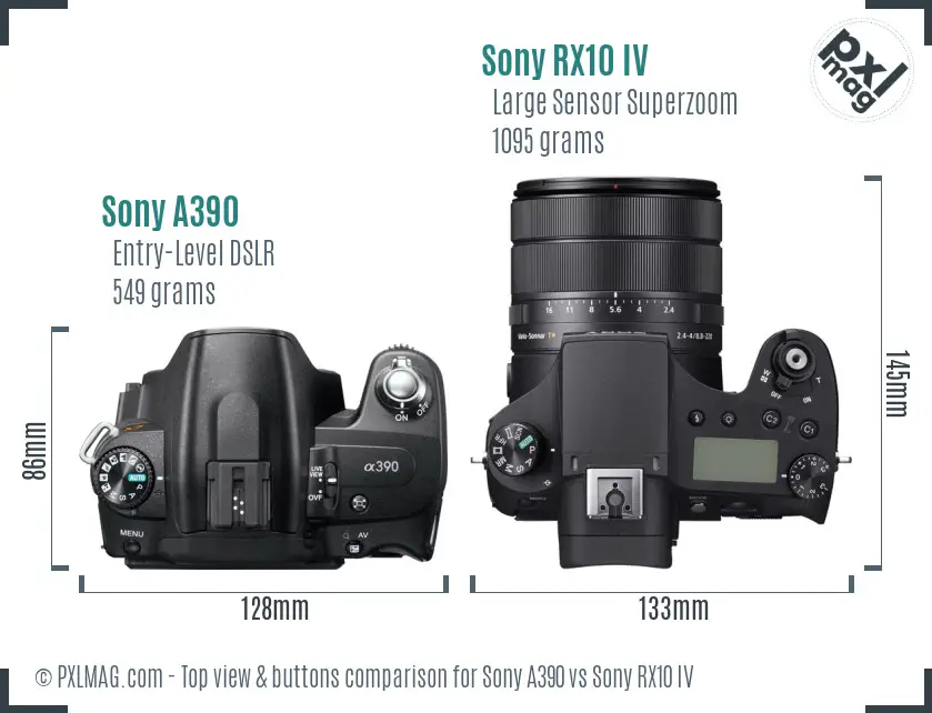 Sony A390 vs Sony RX10 IV top view buttons comparison