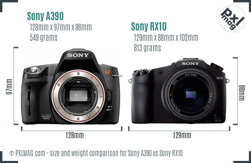 Sony A390 vs Sony RX10 size comparison