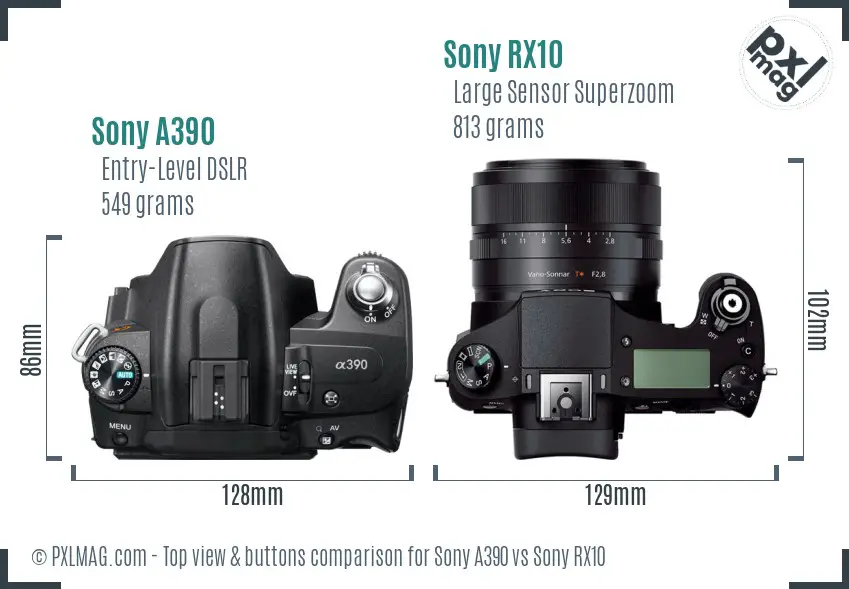 Sony A390 vs Sony RX10 top view buttons comparison