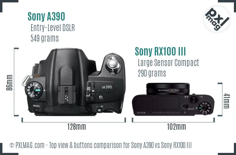 Sony A390 vs Sony RX100 III top view buttons comparison