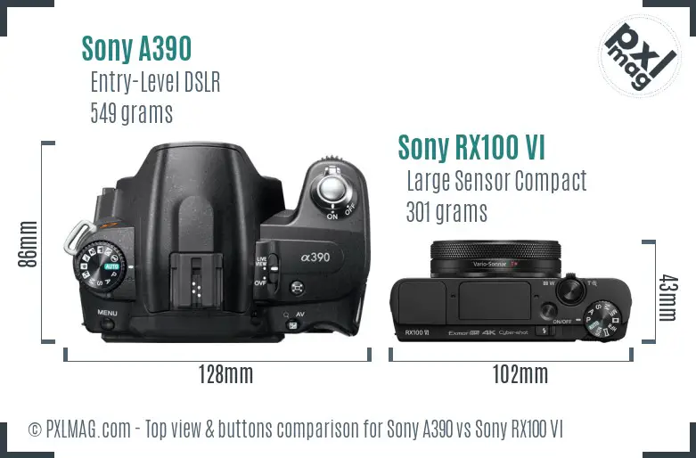 Sony A390 vs Sony RX100 VI top view buttons comparison