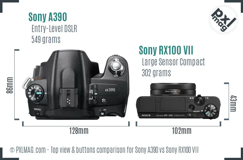 Sony A390 vs Sony RX100 VII top view buttons comparison