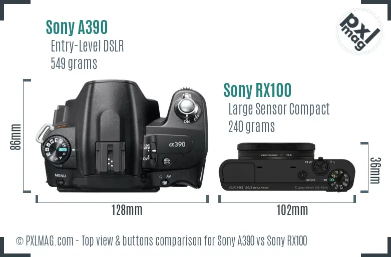 Sony A390 vs Sony RX100 top view buttons comparison