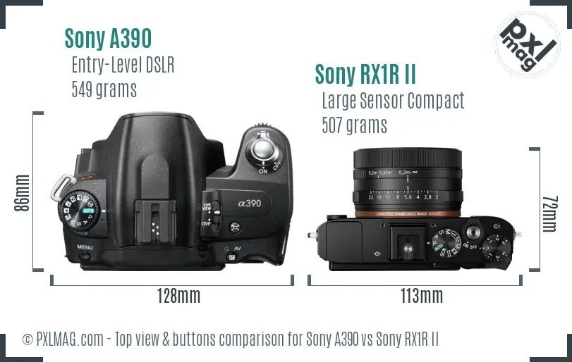 Sony A390 vs Sony RX1R II top view buttons comparison