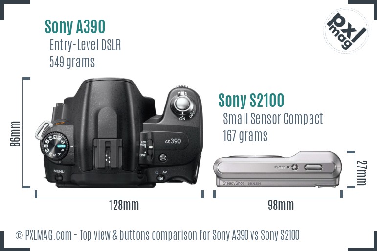Sony A390 vs Sony S2100 top view buttons comparison