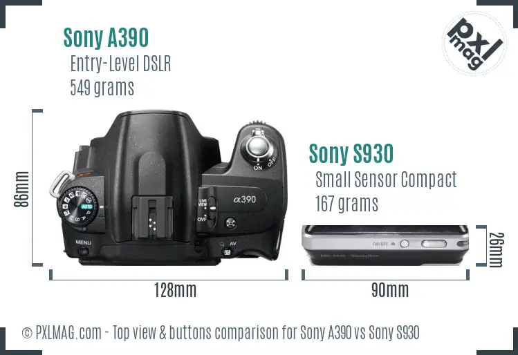 Sony A390 vs Sony S930 top view buttons comparison