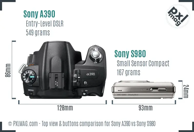 Sony A390 vs Sony S980 top view buttons comparison