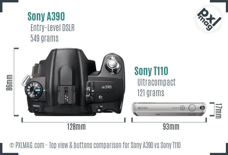 Sony A390 vs Sony T110 top view buttons comparison