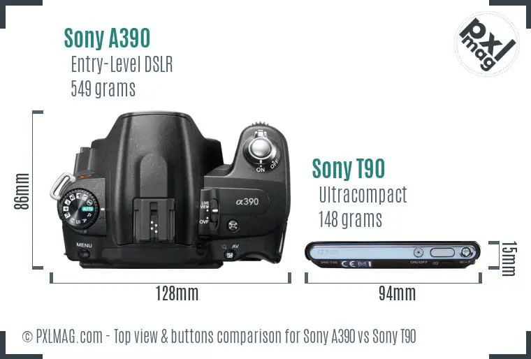 Sony A390 vs Sony T90 top view buttons comparison