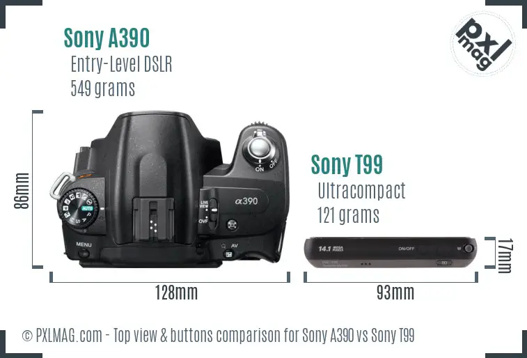Sony A390 vs Sony T99 top view buttons comparison