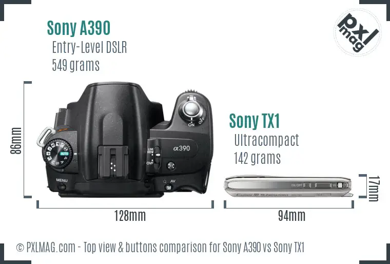 Sony A390 vs Sony TX1 top view buttons comparison