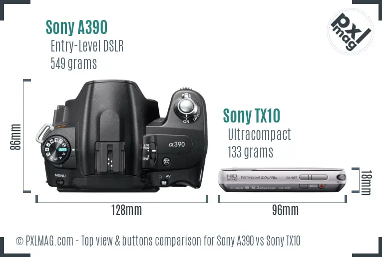 Sony A390 vs Sony TX10 top view buttons comparison