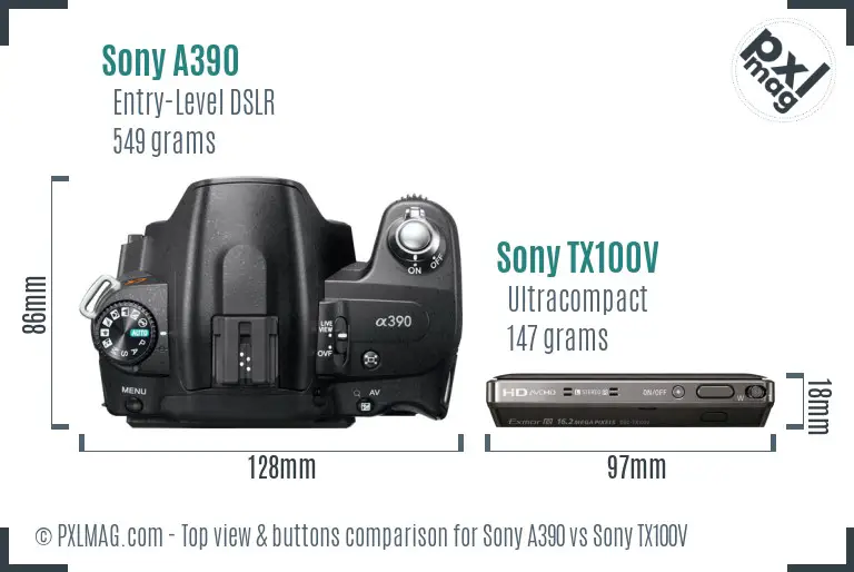 Sony A390 vs Sony TX100V top view buttons comparison