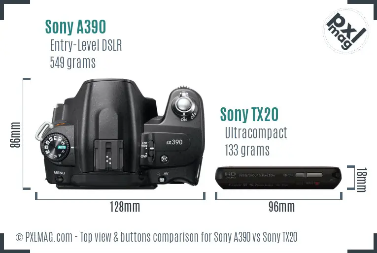Sony A390 vs Sony TX20 top view buttons comparison