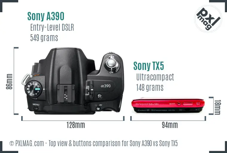 Sony A390 vs Sony TX5 top view buttons comparison