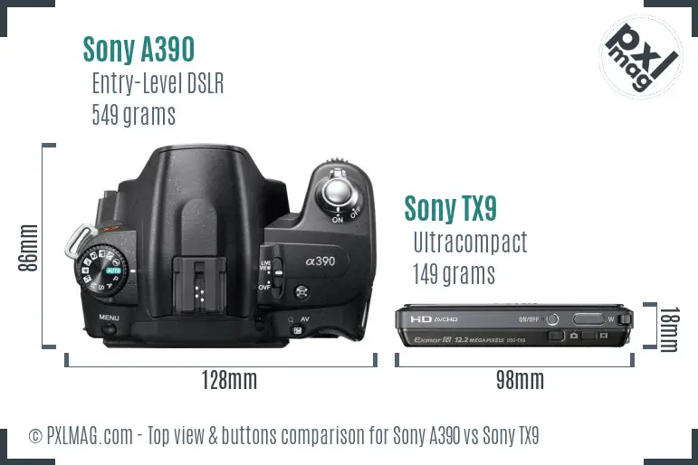 Sony A390 vs Sony TX9 top view buttons comparison