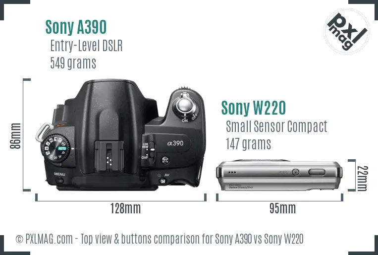 Sony A390 vs Sony W220 top view buttons comparison