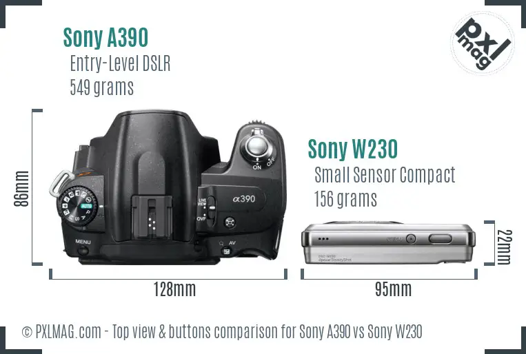Sony A390 vs Sony W230 top view buttons comparison