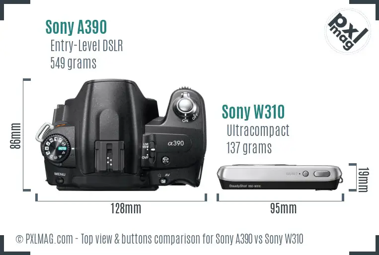 Sony A390 vs Sony W310 top view buttons comparison