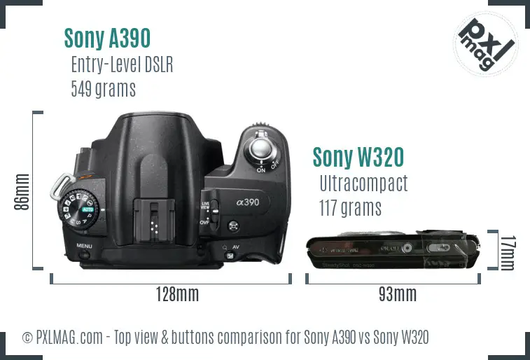 Sony A390 vs Sony W320 top view buttons comparison