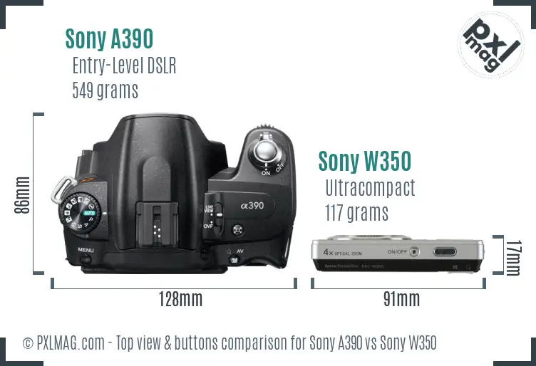 Sony A390 vs Sony W350 top view buttons comparison