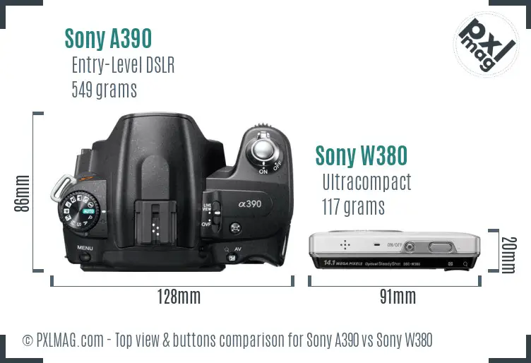 Sony A390 vs Sony W380 top view buttons comparison
