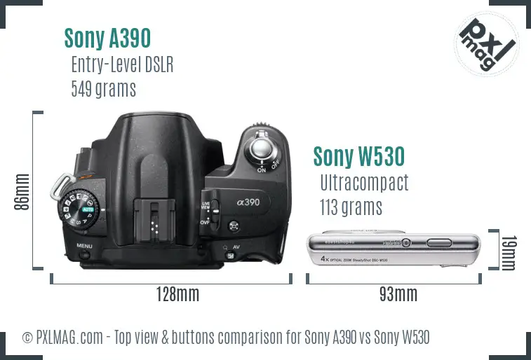 Sony A390 vs Sony W530 top view buttons comparison