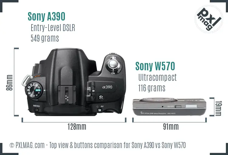 Sony A390 vs Sony W570 top view buttons comparison