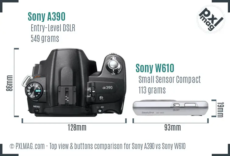Sony A390 vs Sony W610 top view buttons comparison