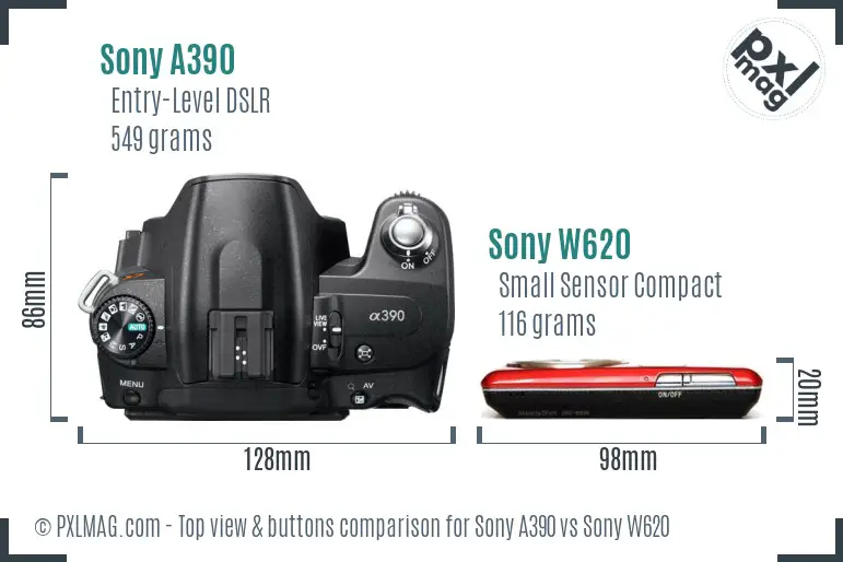 Sony A390 vs Sony W620 top view buttons comparison