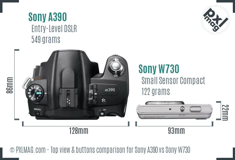 Sony A390 vs Sony W730 top view buttons comparison