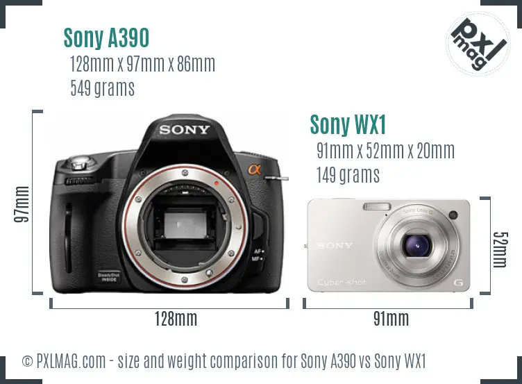Sony A390 vs Sony WX1 size comparison